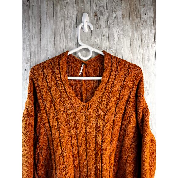 Free People Sweater Womens XS Orange Cotton Cable Knit Pullover‎ V Neck Rib Vent - Picture 3 of 8